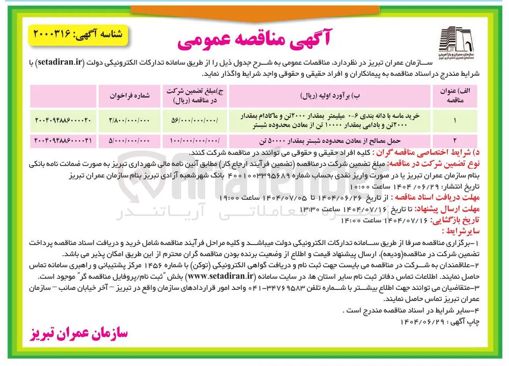 خرید ماسه با دانه بندی ۰۶ میلیمتر بمقدار ۲۰۰۰ تن و ماکادام بمقدار ۲۰۰۰ تن و بادامی بمقدار ۱۰۰۰۰ تن از معادن