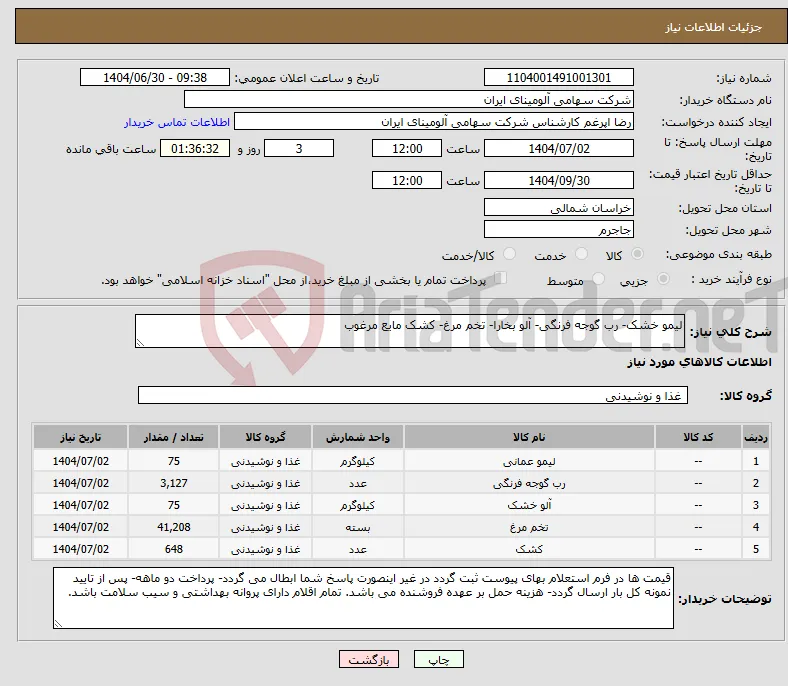 نیاز کالا-لیمو خشک- رب گوجه فرنگی- آلو بخارا- تخم مرغ- کشک مایع مرغوب