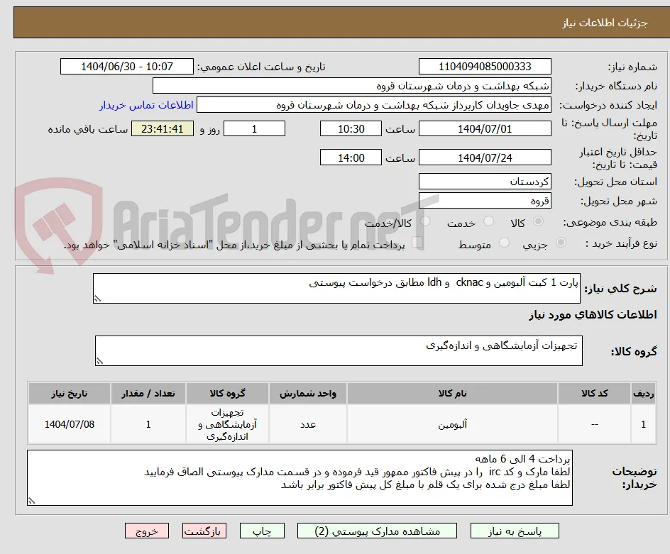 پارت 1 کیت آلبومین و cknac  و ldh مطابق درخواست پیوستی 