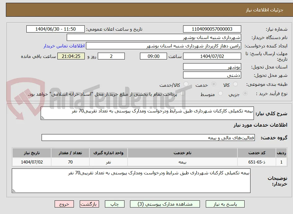 بیمه تکمیلی کارکنان شهرداری طبق شرایط ودرخواست ومدارک پیوستی به تعداد تقریبی70 نفر