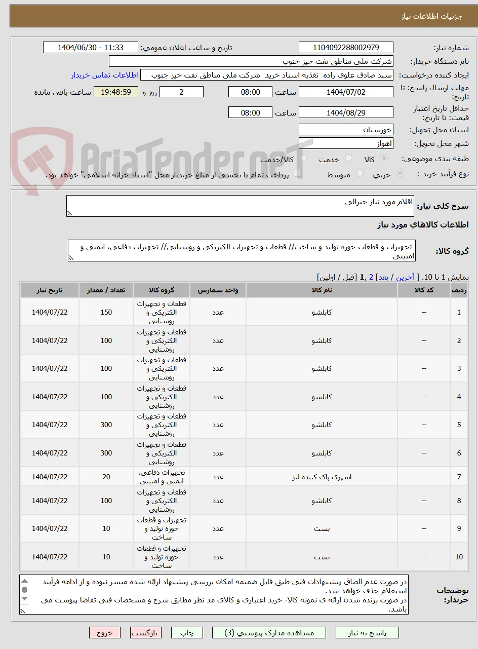 اقلام مورد نیاز جنرالی