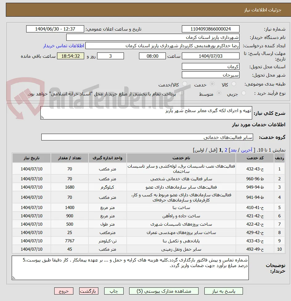 تهیه و اجرای لکه گیری معابر سطح شهر پاریز