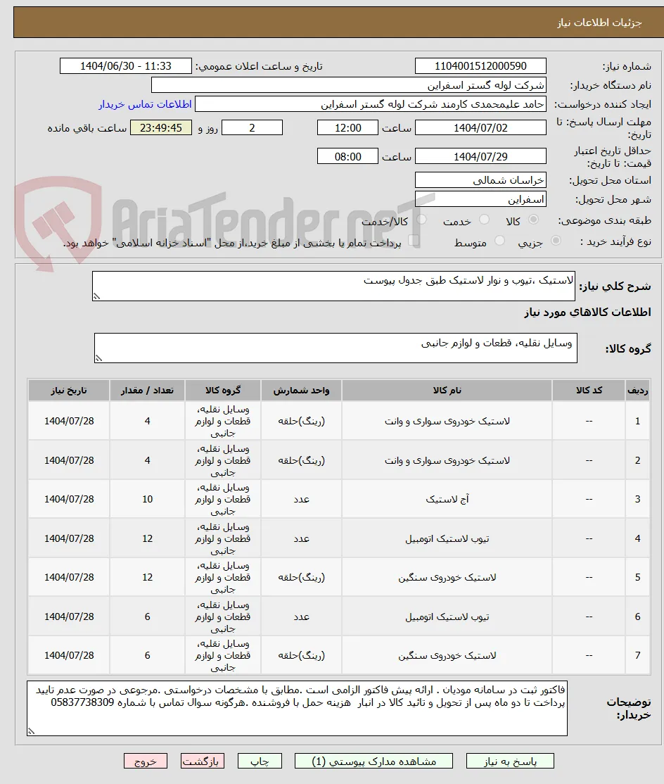 لاستیک ،تیوب و نوار لاستیک طبق جدول پیوست