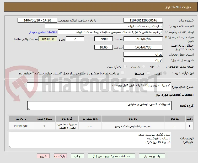 تجهیزات دوربین پلاک خوان طبق فایل پیوست