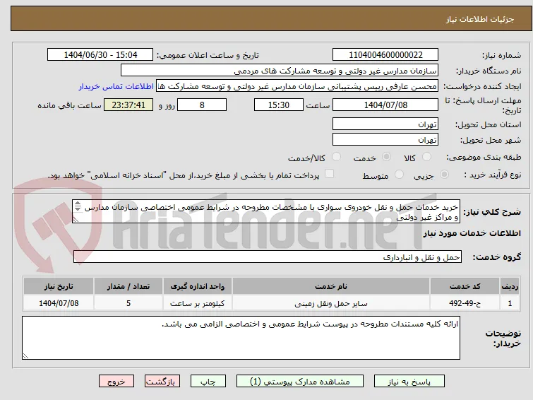 خرید خدمات حمل و نقل خودروی سواری با مشخصات مطروحه در شرایط عمومی اختصاصی سازمان مدارس و مراکز غیر دولتی
