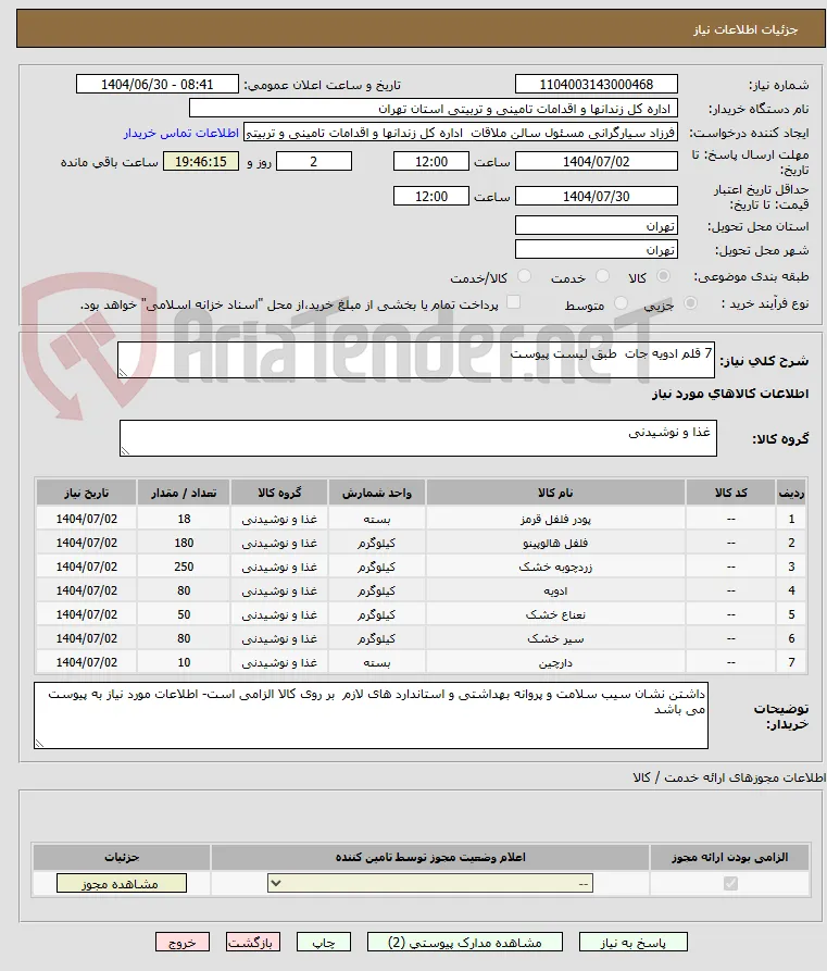 7 قلم ادویه جات  طبق لیست پیوست
