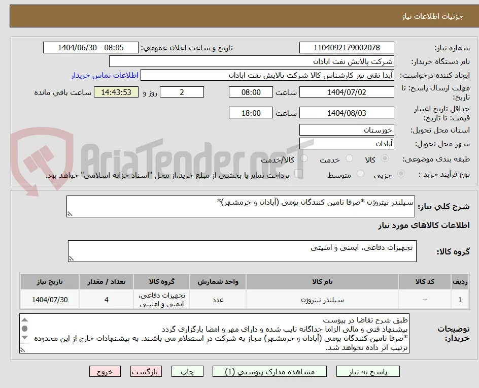 سیلندر نیتروژن *صرفا تامین کنندگان بومی (آبادان و خرمشهر)*