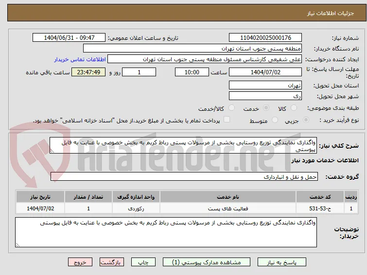 واگذاری نمایندگی توزیع روستایی بخشی از مرسولات پستی رباط کریم به بخش خصوصی با عنایت به فایل پیوستی