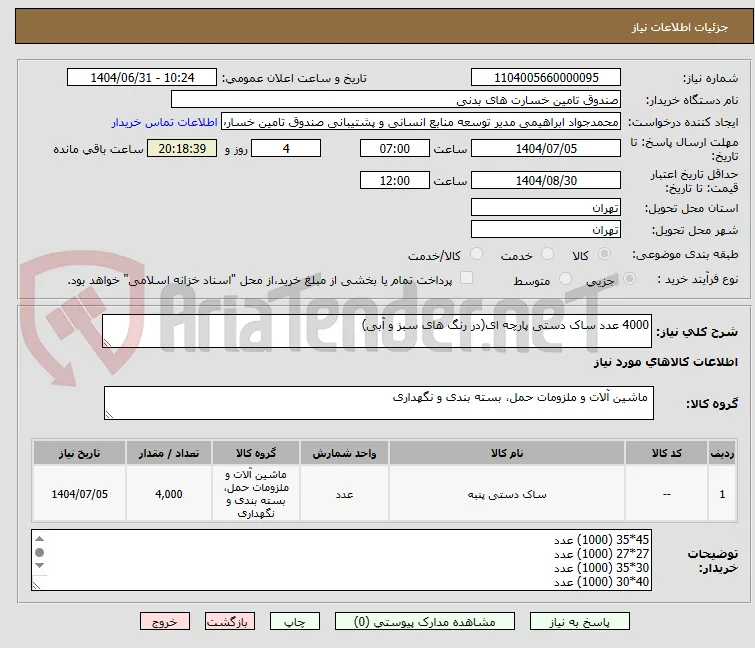 4000 عدد ساک دستی پارچه ای(در رنگ های سبز و آبی)