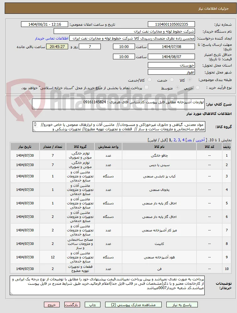 لوازمات آشپزخانه مطابق فایل پیوست کارشناس آقای هرمزی : 09161145824