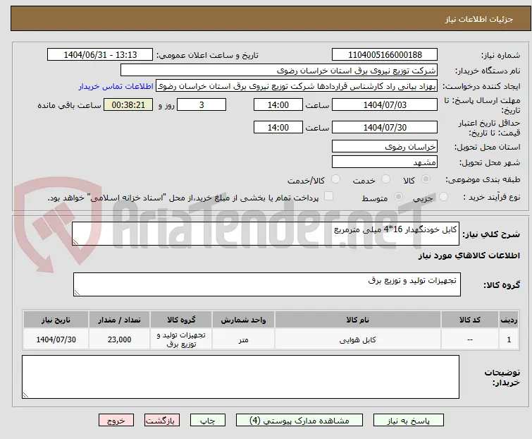 کابل خودنگهدار 16*4 میلی مترمربع