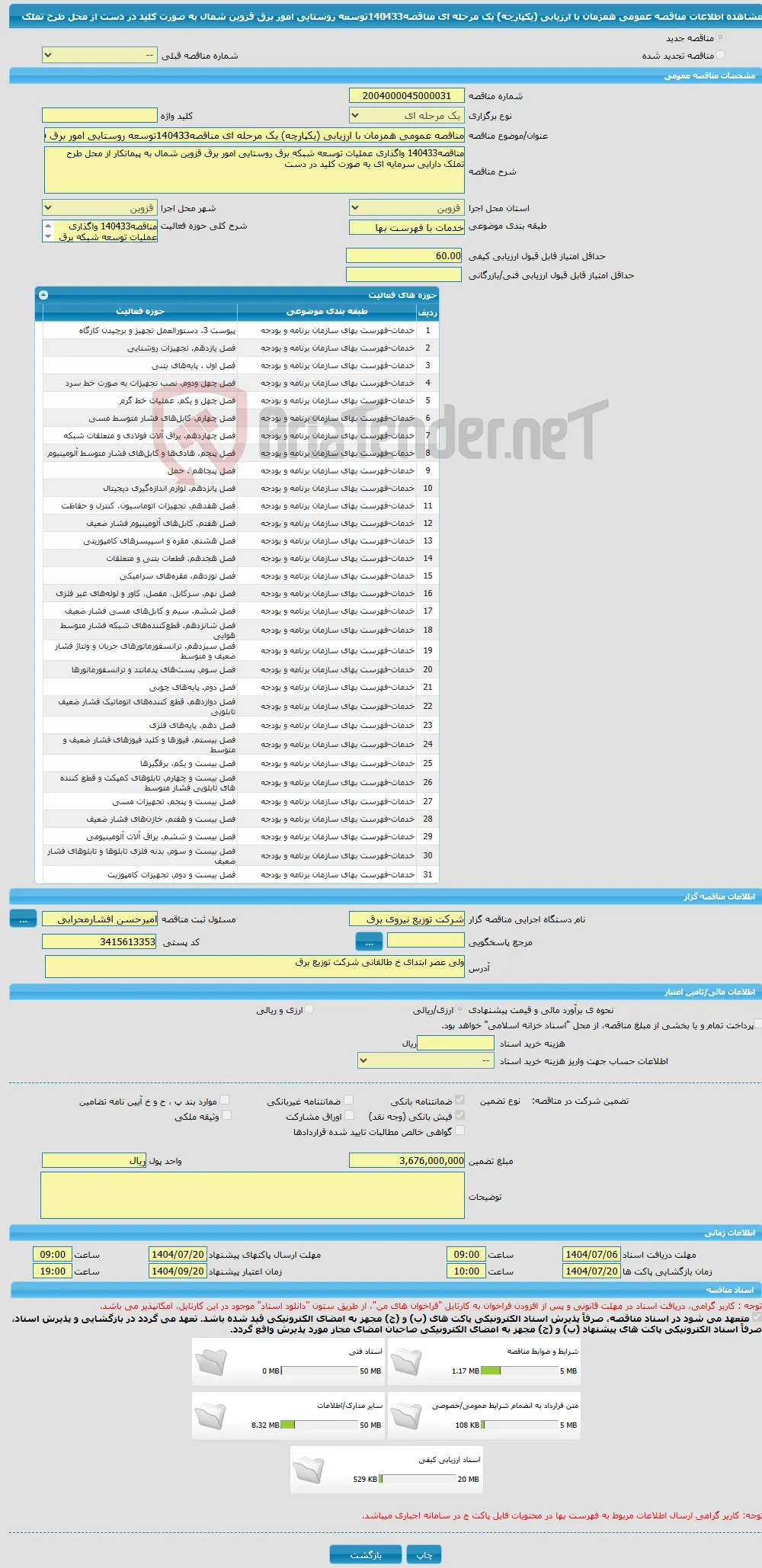 مناقصه عمومی همزمان با ارزیابی (یکپارچه) یک مرحله ای مناقصه140433توسعه روستایی امور برق قزوین شمال به صورت کلید در دست از محل طرح تملک