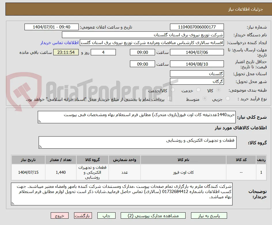 خرید1440عددتیغه کات اوت فیوز(بازوی متحرک) مطابق فرم استعلام بهاء ومشخصات فنی پیوست
