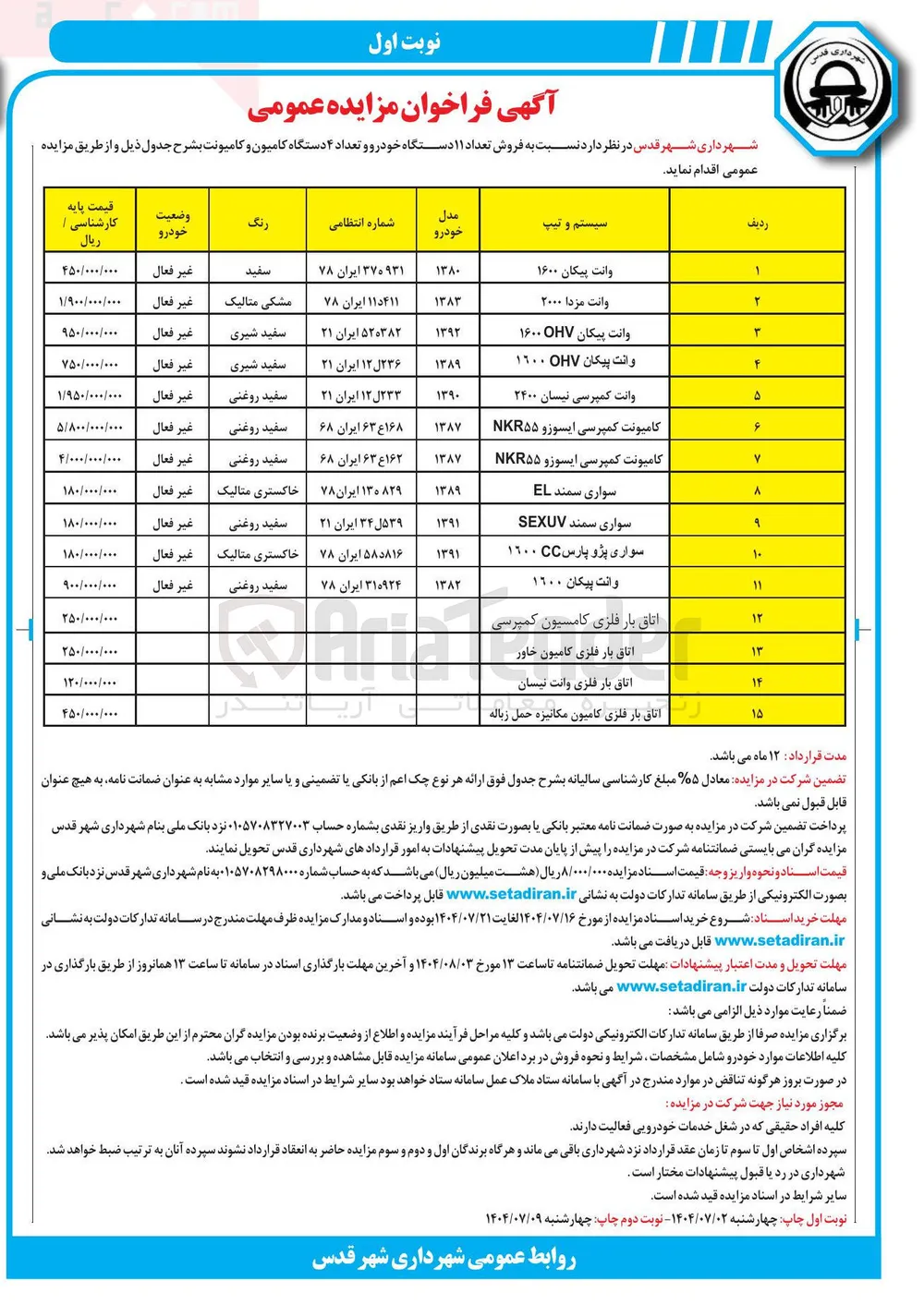فروش تعداد ۱۱ دستگاه خودرو و تعداد ۴ دستگاه کامیون و کامیونت