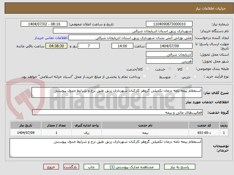 استعلام بیمه نامه درمان تکمیلی گروهز کارکنان شهرداری زرنق طبق نرخ و شرایط جدول پیوستی