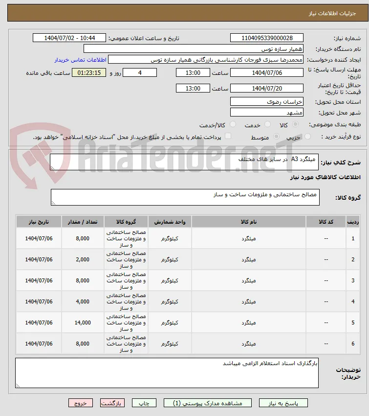  میلگرد A3  در سایز های مختلف 