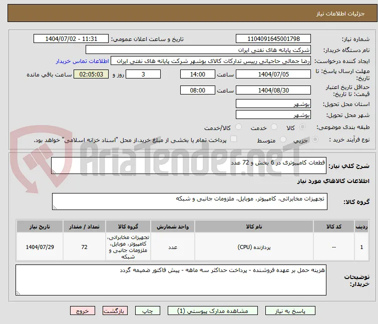قطعات کامپیوتری در 6 بخش و 72 عدد 