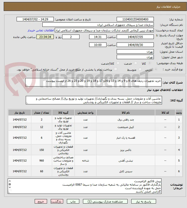 خرید تجهیزات ردیف های 8 و 9 و 14 و 15 و 16و 17 و 18 و 19 و 20 و 25 و 26 از لیست پیوست