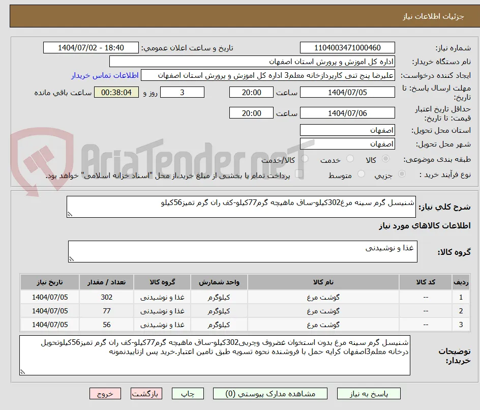 شنیسل گرم سینه مرغ302کیلو-ساق ماهیچه گرم77کیلو-کف ران گرم تمیز56کیلو