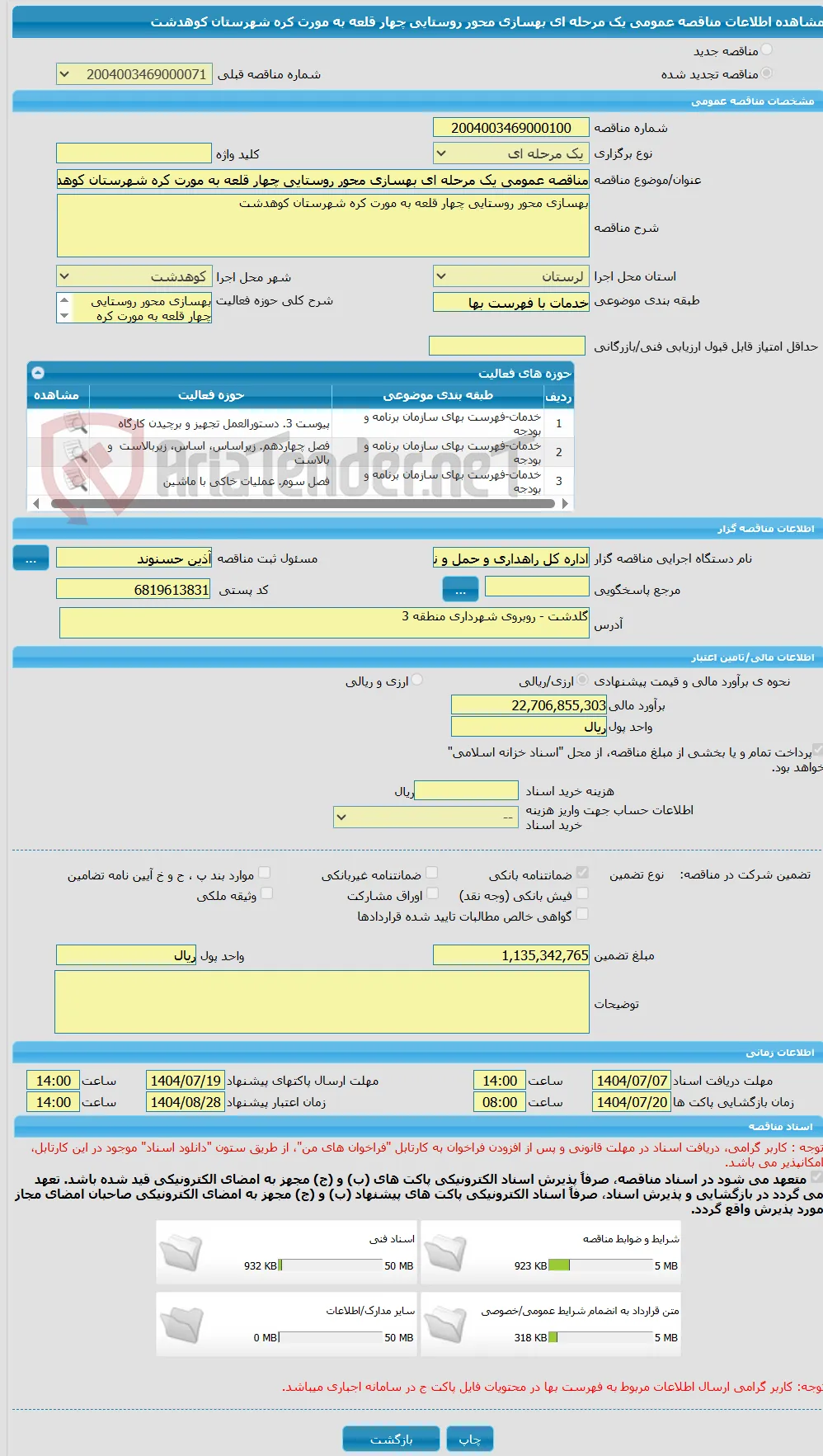 مناقصه عمومی یک مرحله ای بهسازی محور روستایی چهار قلعه به مورت کره شهرستان کوهدشت