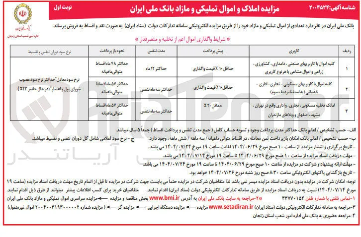 کلیه اموال با کاربریهای مسکونی - تجاری - اداری - خدماتی ( به استثناء ردیف سوم ) 

