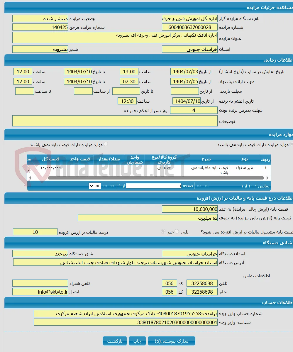 اجاره اتاقک نگهبانی مرکز آموزش فنی وحرفه ای بشرویه