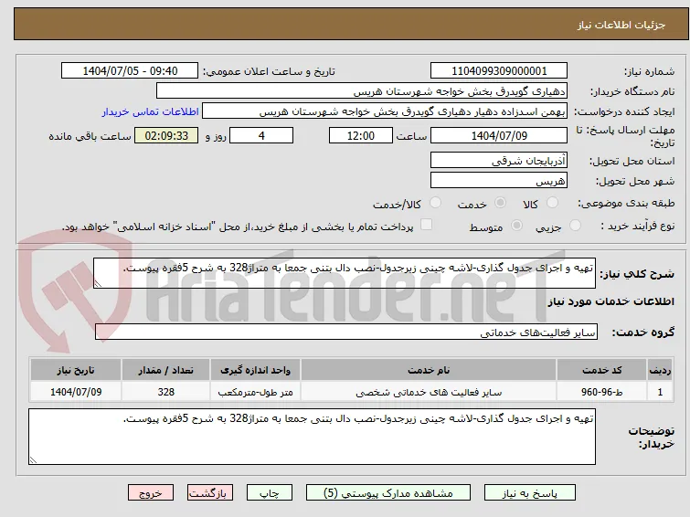 تهیه و اجرای جدول گذاری-لاشه چینی زیرجدول-نصب دال بتنی جمعا به متراژ328 به شرح 5فقره پیوست.