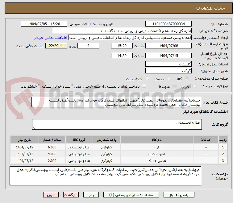 حبوبات(لپه مقدار6تن،نخود4تن،عدس2تن)جهت زندانهای گنبدوگرگان مورد نیاز می باشد(طبق لیست پیوستی)،کرایه حمل بعهده فروشنده،سایرشرایط فایل پیوستی