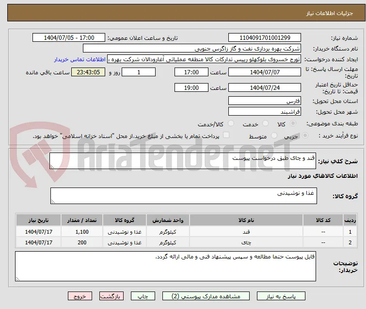 قند و چای طبق درخواست پیوست