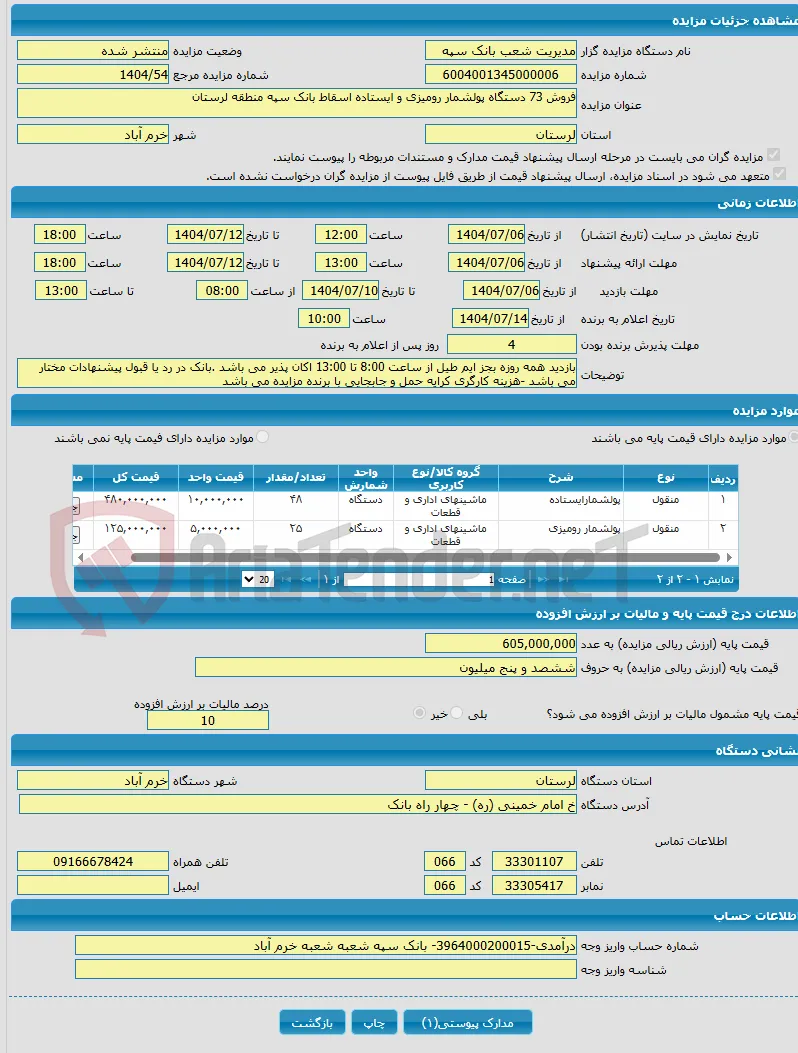 فروش 73 دستگاه پولشمار رومیزی و ایستاده اسقاط بانک سپه منطقه لرستان 