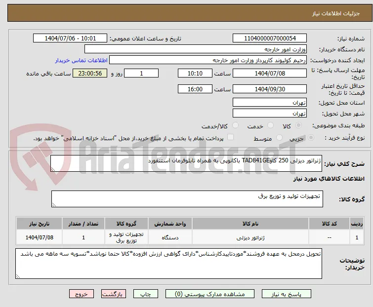 ژنراتور دیزلی 250 کاوTAD841GE باکانوپی به همراه تابلوفرمان استنفورد
