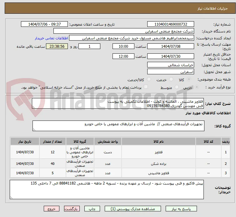 قلاویز ماشینی ، الماسه و کولت - اطلاعات تکمیلی به پیوست
فنی مهندس گودرزی 09159784380