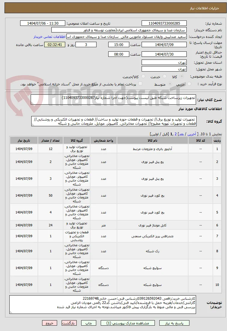 تجهیزات زیرساخت شبکه طبق لیست پیوست(جهت اجرا شماره نیاز1104093733000287)