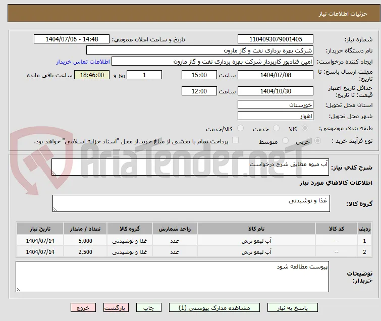 آب میوه مطابق شرح درخواست