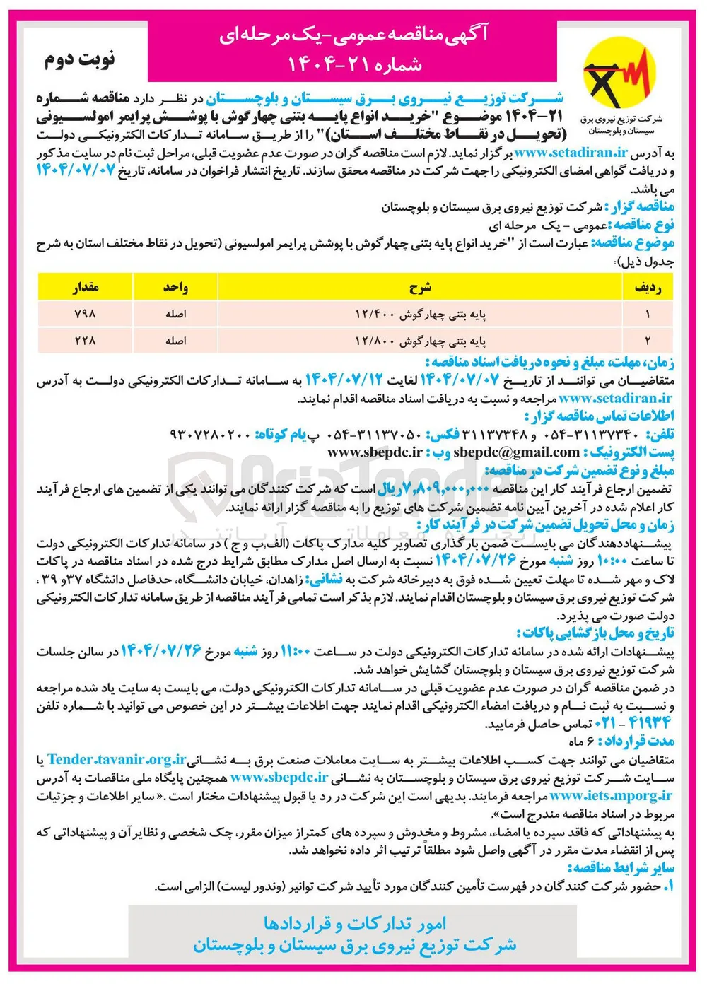 پایه بتنی چهارگوش ۱۲/۴۰۰ 
