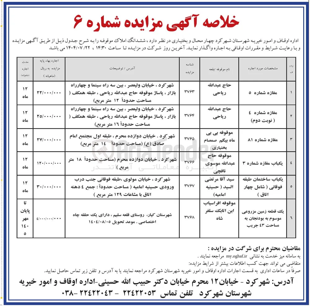 اجاره ششدانگ املاک در 6 ردیف با کاربری تجاری - مسکونی - مزروعی