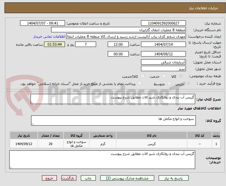 گریس آب بندی و روانکاری شیر الات مطابق شرح پیوست