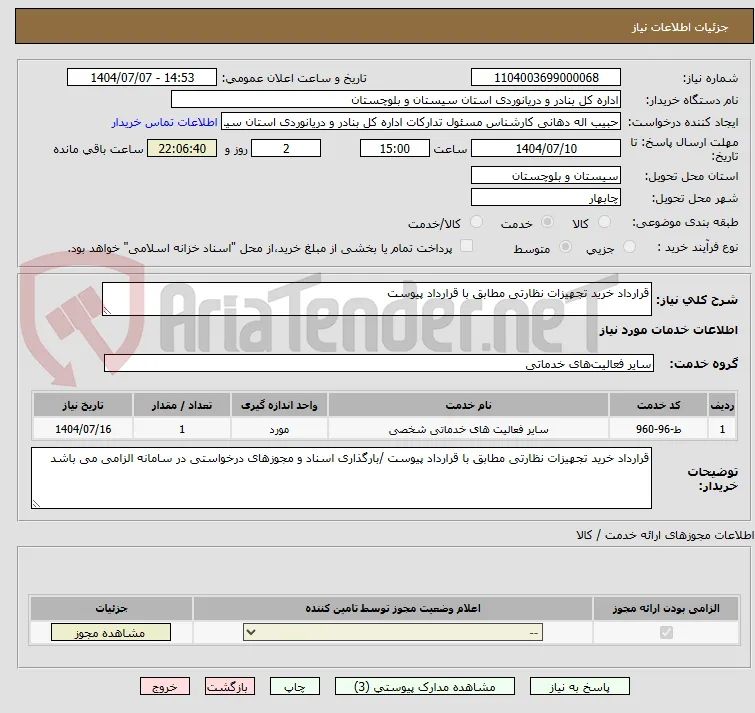 قرارداد خرید تجهیزات نظارتی مطابق با قرارداد پیوست