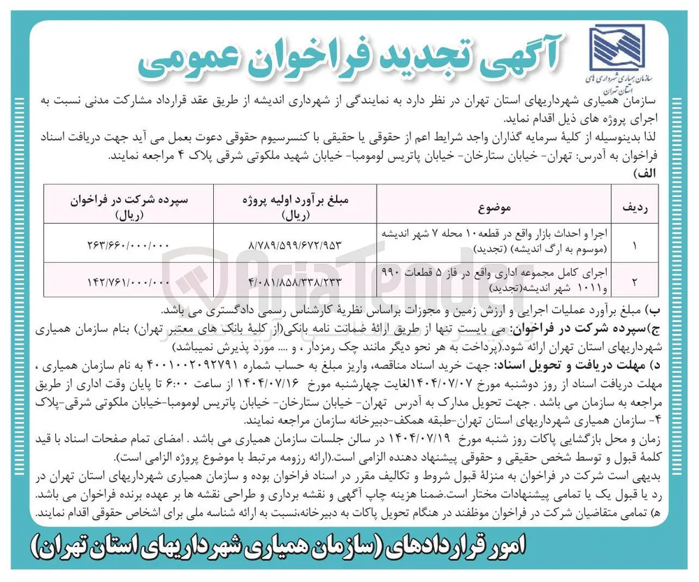 اجرا و احداث بازار واقع در قطعه ۱۰ محله ۷ شهر اندیشه 
