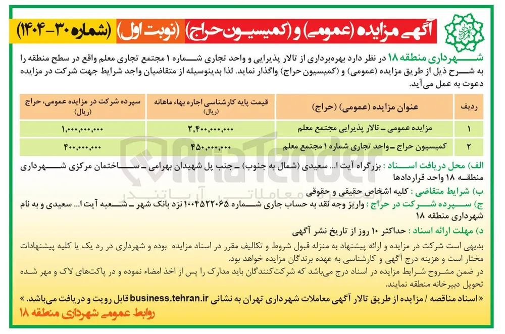 بهره برداری از تالار پذیرایی و واحد تجاری شماره ۱ مجتمع تجاری معلم
