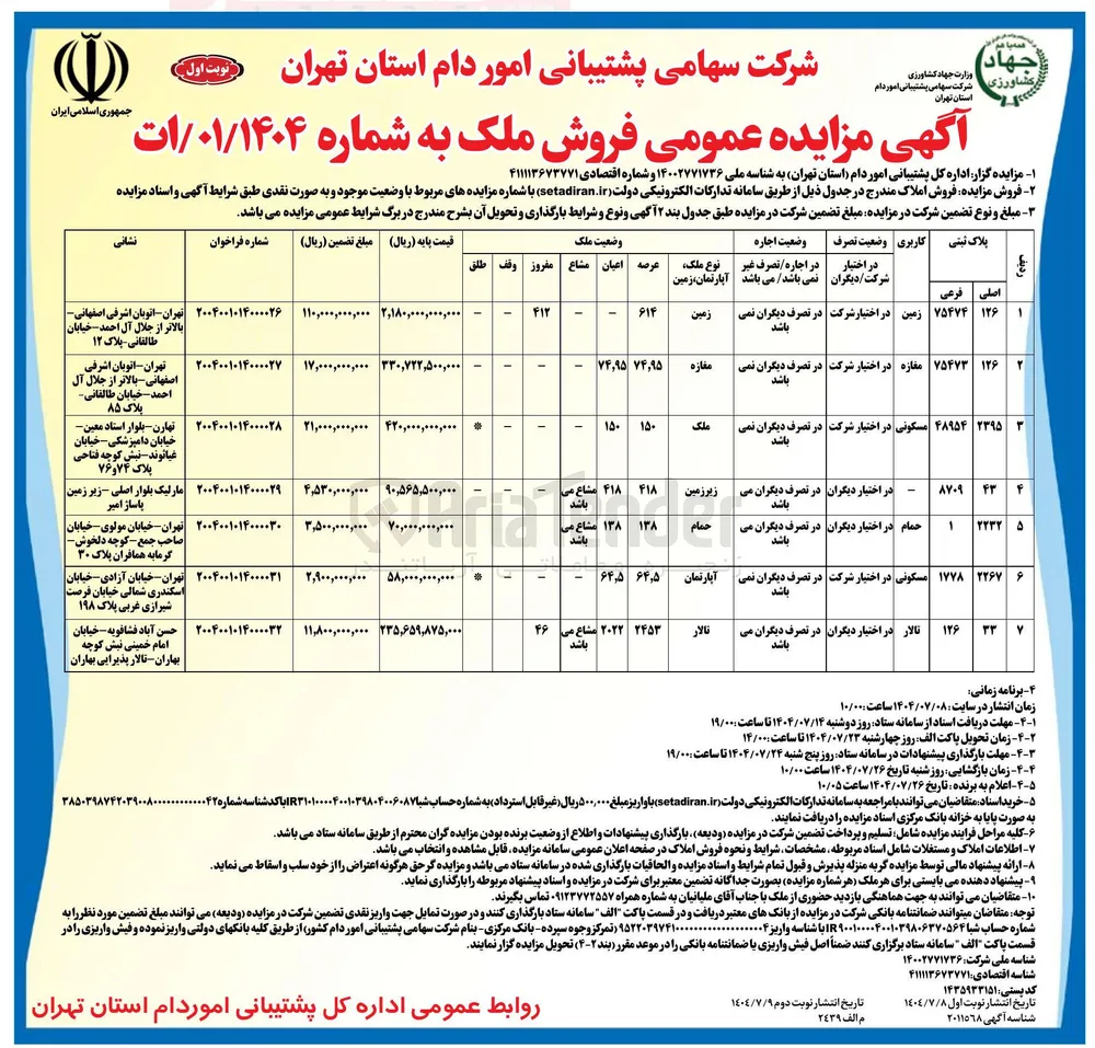فروش املاک در 7 ردیف با کاربری زمین - تجاری - حمام - تالار - مسکونی