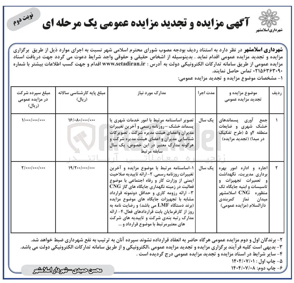 اجاره و اداره امور بهره برداری مدیریت نگهداشت و تعمیرات تجهیزات و تاسیسات و ابنیه جایگاه تک منظوره CNG