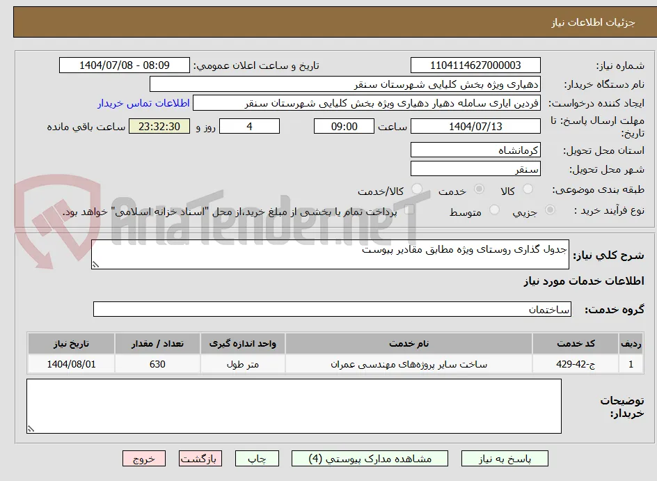 جدول گذاری روستای ویژه مطابق مقادیر پیوست 
