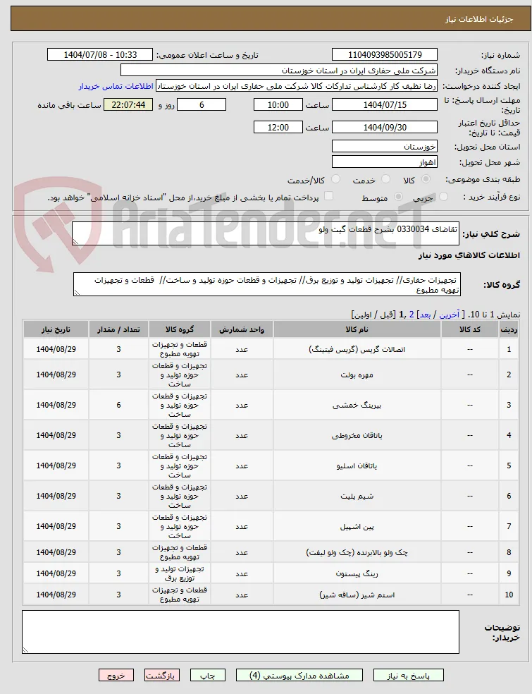 تقاضای 0330034 بشرح قطعات گیت ولو