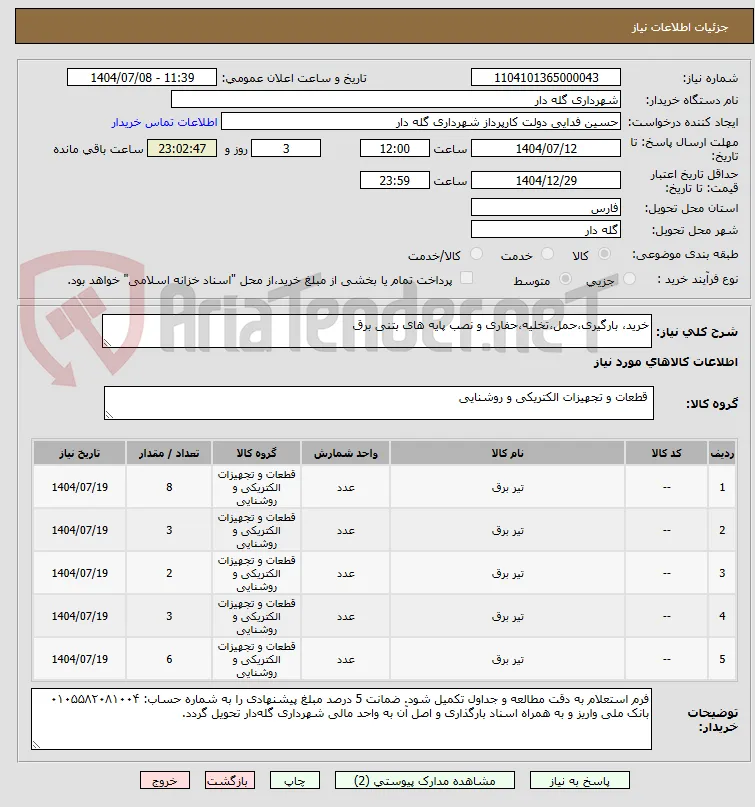 خرید، بارگیری،حمل،تخلیه،حفاری و نصب پایه های بتنی برق
