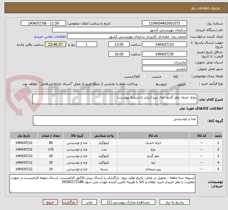 دوغ، خرما، مغز گردو، لپه، پنیر (برابر با شرایط پیوست)