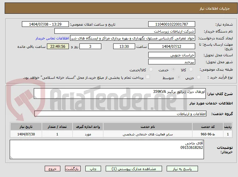 اورهال دیزل ژنراتور پرکینز 359KVA