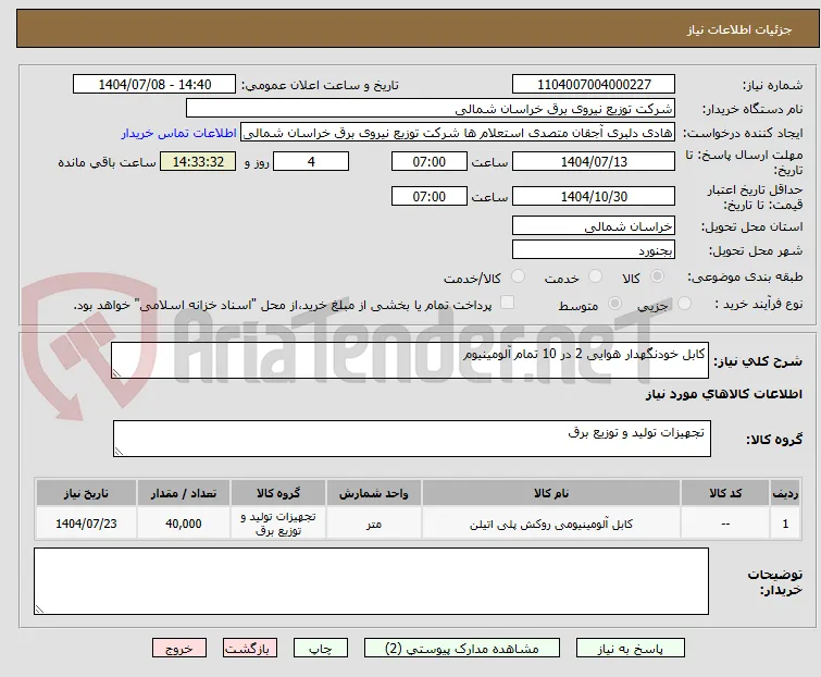 کابل خودنگهدار هوایی 2 در 10 تمام آلومینیوم