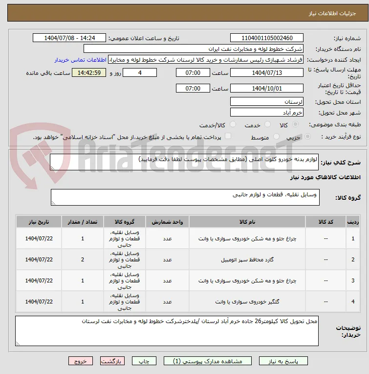 لوازم بدنه خودرو کلوت اصلی (مطابق مشخصات پیوست لطفا دقت فرمایید)