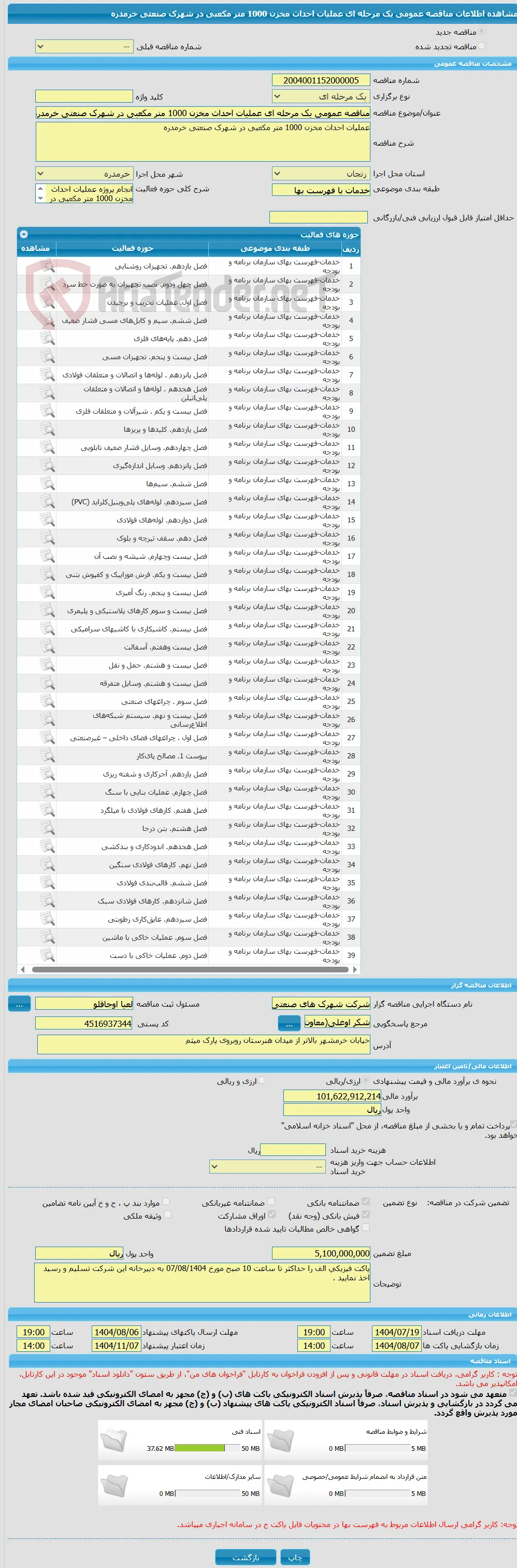 مناقصه عمومی یک مرحله ای عملیات احداث مخزن 1000 متر مکعبی در شهرک صنعتی خرمدره